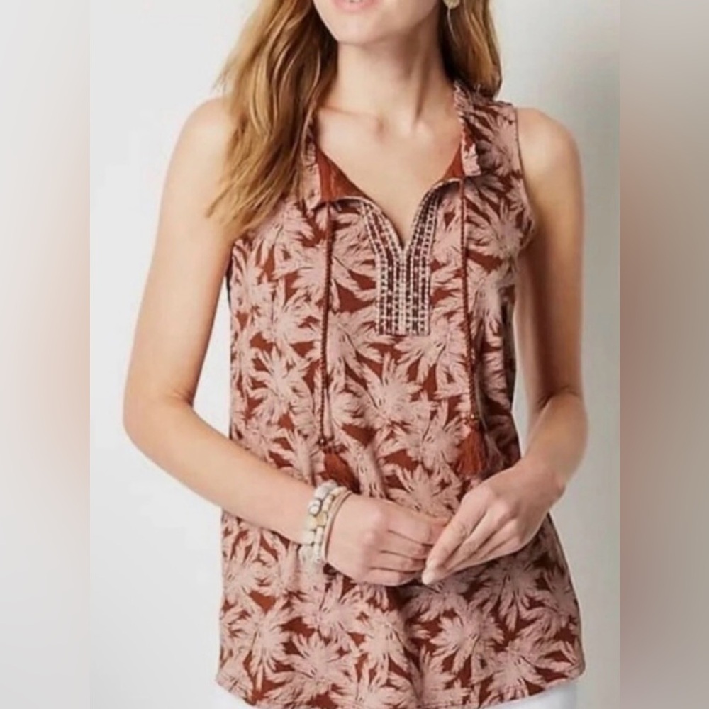 J. Jill Palm Print Sleeveless Top | Brown & Blush | Size Medium